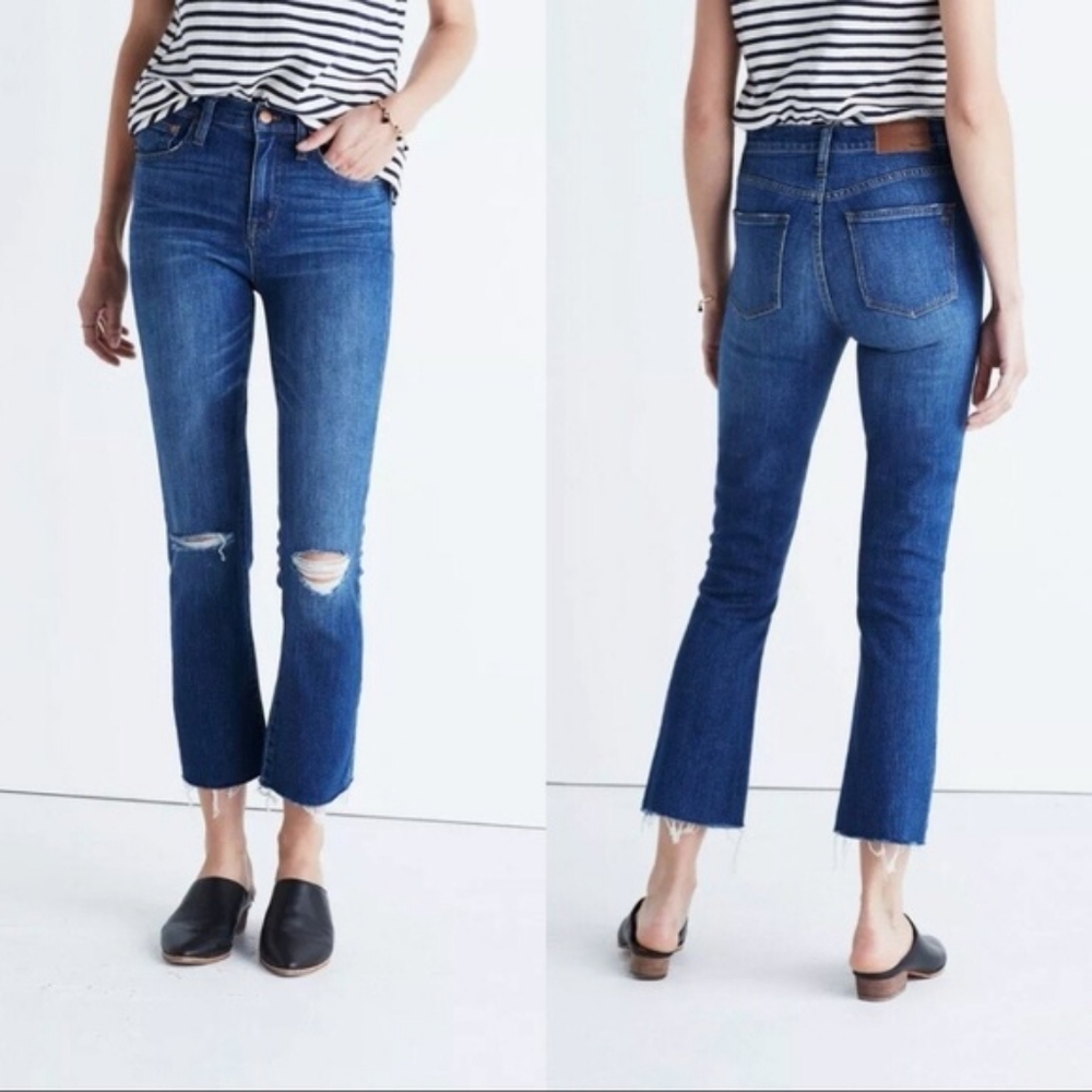 Madewell 10" High Riser Cali Demi Boot Cut Jean Distressed Knee Raw Hem